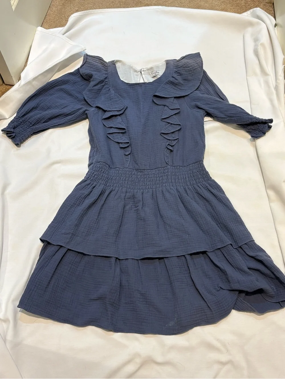 Girls' Ruffle-Front Dusty Blue GreyTiered Dress